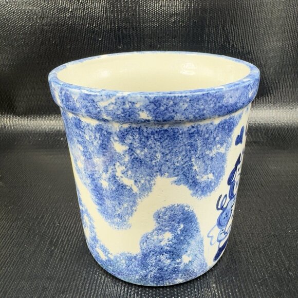 Farmhouse Pig Kitchen Utensil Vase Container Hand Made Signed Blue Gray Pottery - Picture 6 of 12